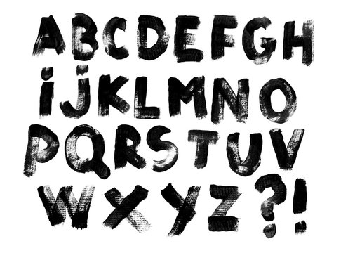 Alphabet set of black capital handwritten letters on a white background. Drawn by semi-dry brush with unpainted areas.