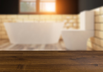 Scandinavian bathroom, classic  vintage interior design.  Empty wooden table.