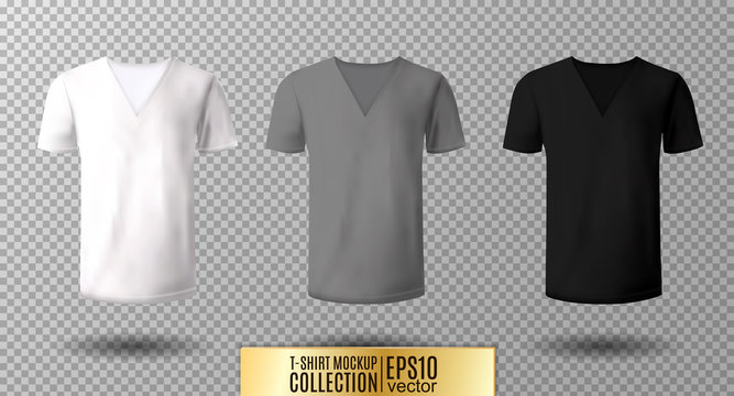 Realistic vector v-neck t-shirt mock up illustration. White, gray, black