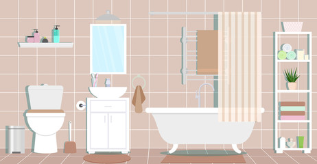 Interior design of the bathroom. Vector flat illustration.
