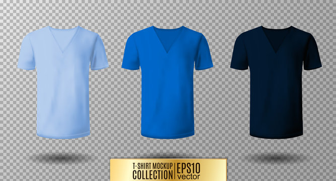 Realistic vector v-neck t-shirt mock up illustration. Light, normal, dark blue colors