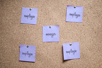 Multiple notes (stickers) with handwritten words on a cork board. Manager-employee relationships