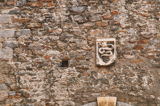 Ancient coat of arms of Swiss city of Bellinzona depicting an erect serpent on the old town wall