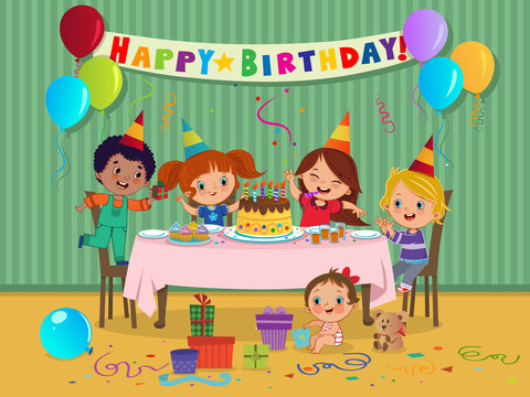 Cartoon kids party with sweets and gifts on birthday celebration. Vector illustration.