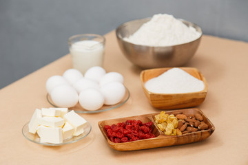 Ingridients for preparation of bakery dough on the crafted background