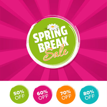 Spring break Sale color banner and 50%, 60%, 70% & 80% Off Marks. Vector illustration.