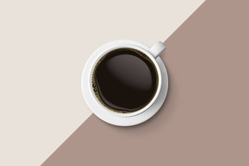 white coffee cup and hot espresso coffee isolate on two tone background, top view with copy space