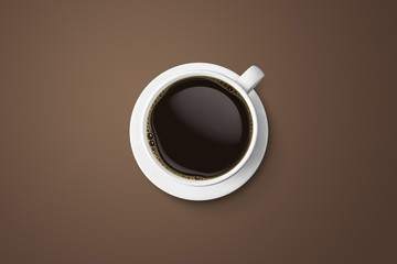 white coffee cup and hot espresso coffee isolate on brown background, top view with copy space