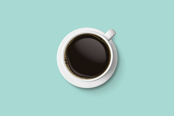 white coffee cup and hot espresso coffee isolate on pastel blue background, top view with copy space