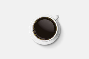 white coffee cup and hot espresso coffee isolate on white background, top view with copy space