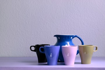 Jug and 4 mugs unique interesting color coffee tea light