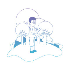 isometric little boy in field landscape character vector illustration design