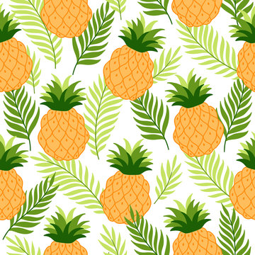Jungle seamless pattern with palm leaves and pineapples