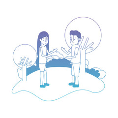 isometric little kids couple in field landscape character vector illustration
