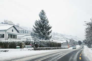 Settlement snowy road.