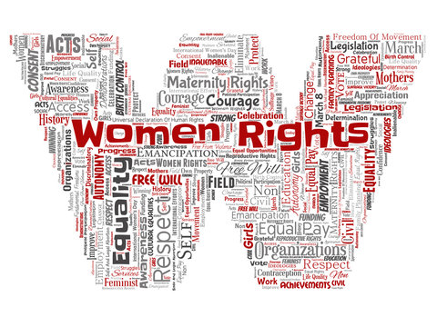 Vector conceptual women rights, equality, free-will letter font W red word cloud isolated background. Collage of feminism, empowerment, integrity, opportunities, awareness, courage, education concept