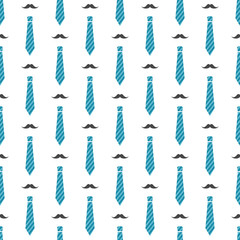 Vector seamless pattern with mustaches and blue neckties. Male hipster background