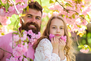 Obraz premium Childhood concept. Father and daughter on happy faces play with flowers, sakura background. Girl with dad near sakura flowers on spring day. Child and man with tender pink flowers in beard.