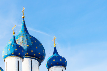 tops of Cathedral of the Nativity in Suzdal town