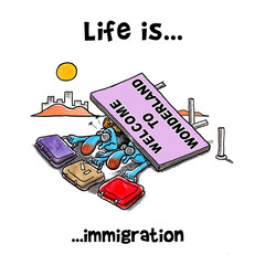 Fototapeta premium Big welcoming billboard fell on top of immigrants 