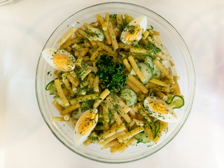 the bean salad with egg and herbs and a few cucumber slices