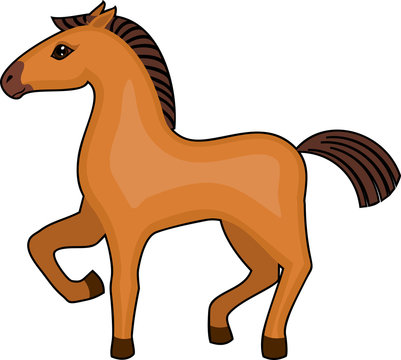 Brown cartoon horse with raised front leg on white background