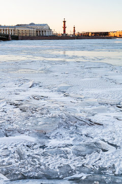 ice-bound Neva river and Vasilyevsky Island Spit