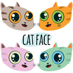 Cute cat face icon of different color cartoon vector illustration on white background.