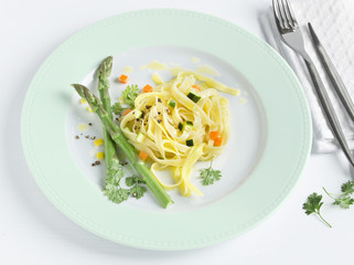 green asparagus with tagliatelle noodles