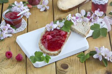 Raspberry jam on bread slice