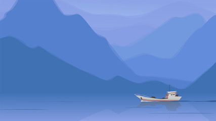 Landscape with single ship vector illustration