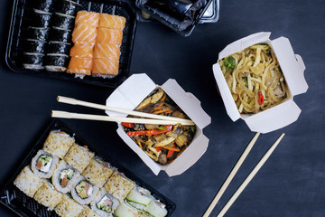 Dinner delivery for two. Asian cuisine. Top view.