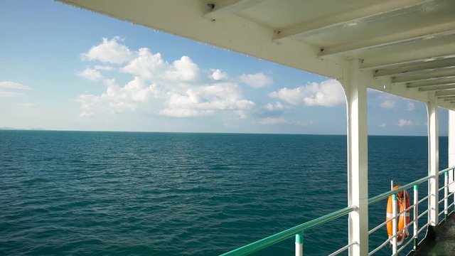 Slow motion camera movement along empty deck of the sailing ship. Dolly shot