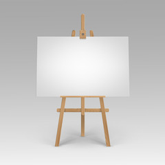 Vector Wooden Brown Sienna Easel with Mock Up Empty Blank Horizontal Canvas Isolated on Background