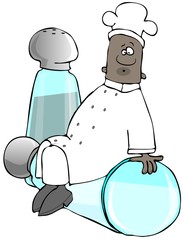 Illustration of a black chef sitting on giant salt and pepper shakers.