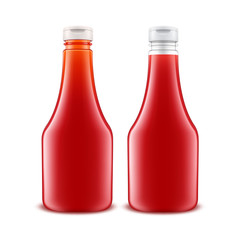 Vector Set of Blank Glass Plastic Red Tomato Ketchup Bottle for Branding without label Isolated on White Background