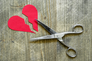 Broken red heart cuted by scissor
