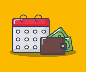 calendar with wallet with money over yellow background, colorful design. vector illustration