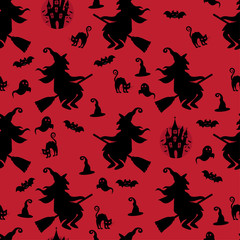 Abstract seamless halloween pattern for girls or boys. Creative vector background with witch, bat, ghost. Funny pattern for textile and fabric. Fashion halloween witch style. Colorful bright picture