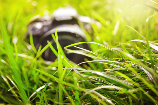 Modern digital camera in  grass. Break during photography_