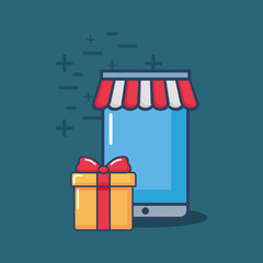 shopping online design with smartphone and gift box over blue background, colorful design. vector illustration