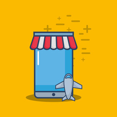 shopping online design with smartphone and airplane icon over yellow background, colorful design. vector illustration