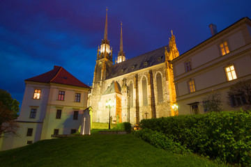 Fototapeta na wymiar View of St. Peter and Paul's Cathedral in the April evening. Brno, Czech Republic