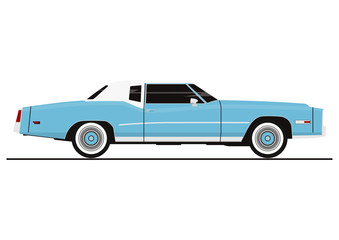 Sticker of vintage coupe car. Side view. Flat vector.