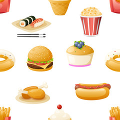 Fast food icons symbols realistic cartoon seamless pattern template set isolated vector illustration