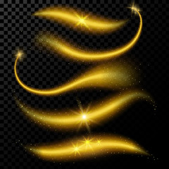 Magic sparkle comet and stardust. Golden cosmic glittering waves with glowing particles Set. Bright trail isolated on black background. Fairy dust. Glamour vector illustration.