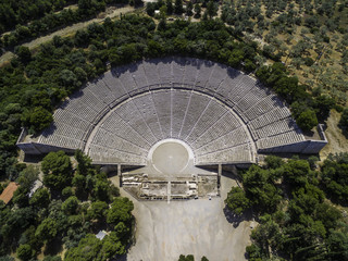 Aerial drone bird's eye view photo of ancient theater Epidaurus or Epidavros, Argolida, Peloponnese, Greece