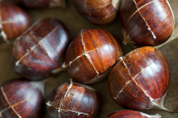 Chestnuts being prepared for baking with a knife-cut cross on top of each nut 