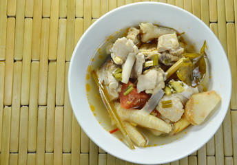 spicy boiled chicken with straw mushroom Tom Yum Soup on bowl