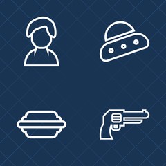 Premium set of outline vector icons. Such as metal, spacecraft, meal, burger, space, people, girl, military, human, profile, social, head, internet, avatar, gun, fast, war, food, science, pistol, bun © Amid